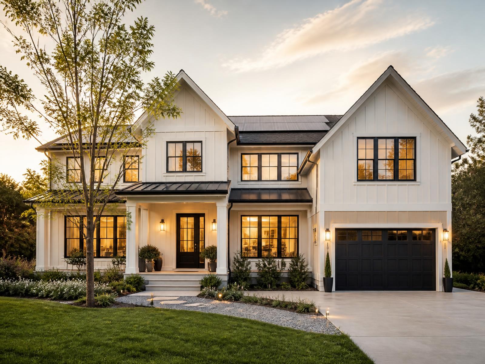 A modern single-family home at golden hour with rooftop solar panels